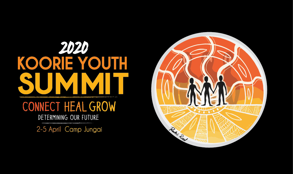 The 2020 Koorie Youth Summit logo with three figures in the middle surrounded by yellow orange and red